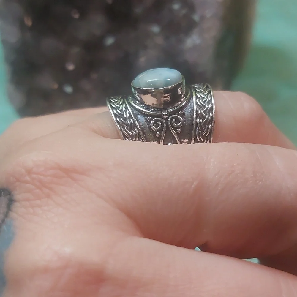 Wide Band Vintage Style Larimar Ring Size 7 - Picture 5 of 9